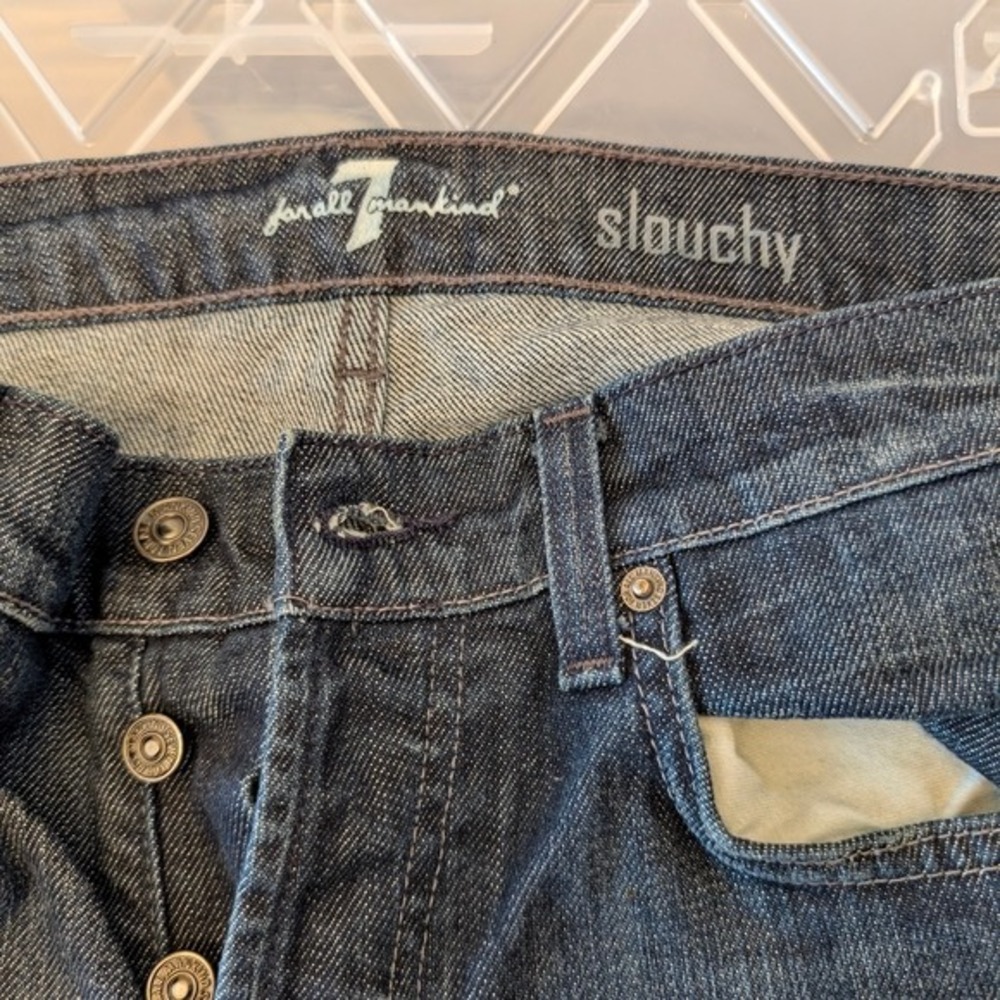 7 For All Mankind Slouchy Jeans Mens 34 Dark Wash Button Fly Frayed Hem - Picture 13 of 16